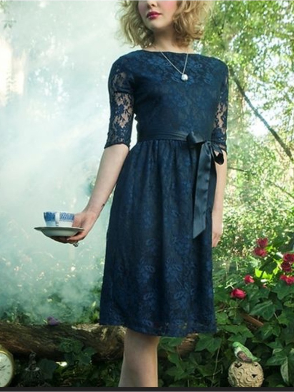Shabby Apple Navy Lace Midi Dress with Satin Ribbon